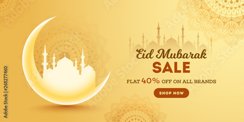 Eid Mubarak Sale header or banner design with 40% off on all brands. Decoration of moon and mosque on yellow floral seamless background.