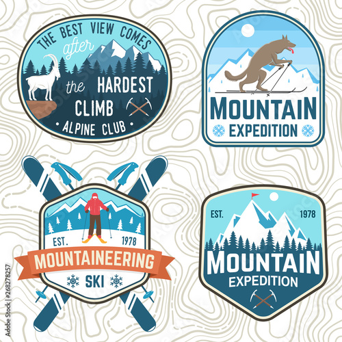 Set of mountain expedition and snowboard club patches. Vector. Concept for shirt or badge, print. Vintage typography design with mountaineers and mountain silhouette. Outdoors adventure emblems