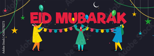 Illustration of Arabian man and woman enjoying Eid party. Stylish calligraphy text Eid Mubarak for Muslim community, festival of sacrifice celebration.