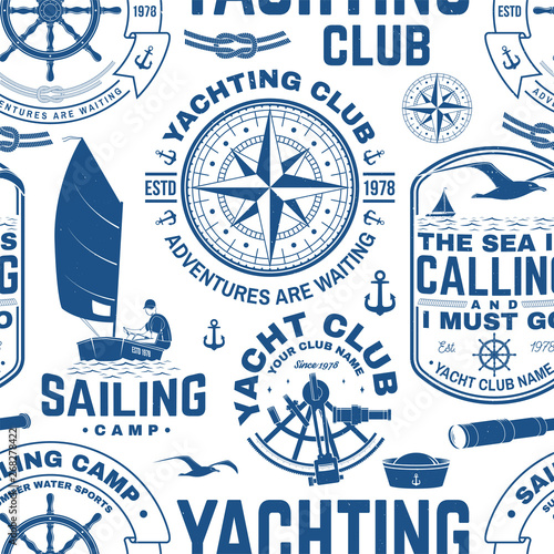 Yacht club seamless pattern or background. Vector. Concept for yachting shirt, print, stamp or tee. Design with sea anchor, hand wheel, compass, sextant and rope knot silhouette.