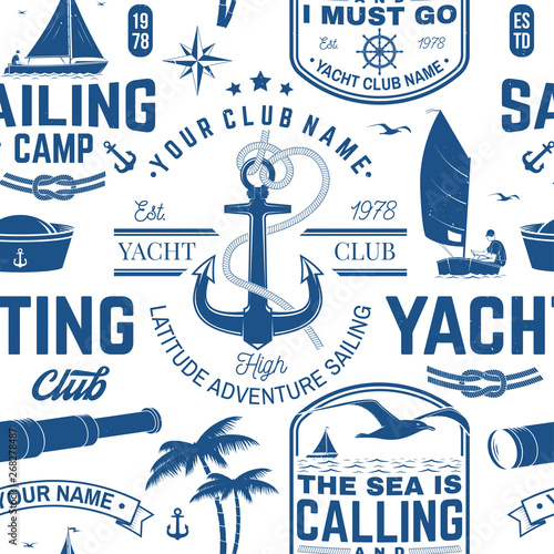 Yacht club seamless pattern or background. Vector. Concept for yachting shirt, print, stamp or tee. Design with sea anchor, hand wheel, compass, sextant and rope knot silhouette.