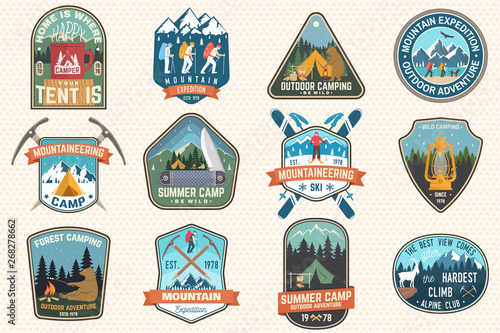Set of mountain expedition and summer camp patches. Vector Concept for shirt or print, stamp, badge. Vintage typography design with forest camp, mountains expedition. Outdoors adventure emblems