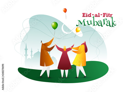 Illustration of Arabian men's in front of mosque with stylish calligraphy text Eid-Al-Fitr Mubarak for Muslim community, festival of sacrifice celebration.