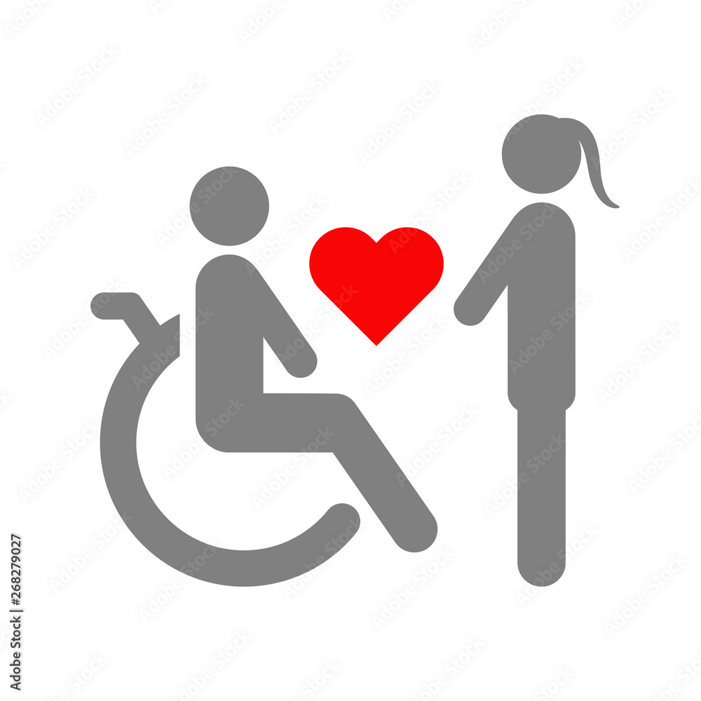Love between healthy woman and disabled man in wheelchair. Vector illustration. Love between healthy woman and disabled man in wheelchair. Vector illustration.