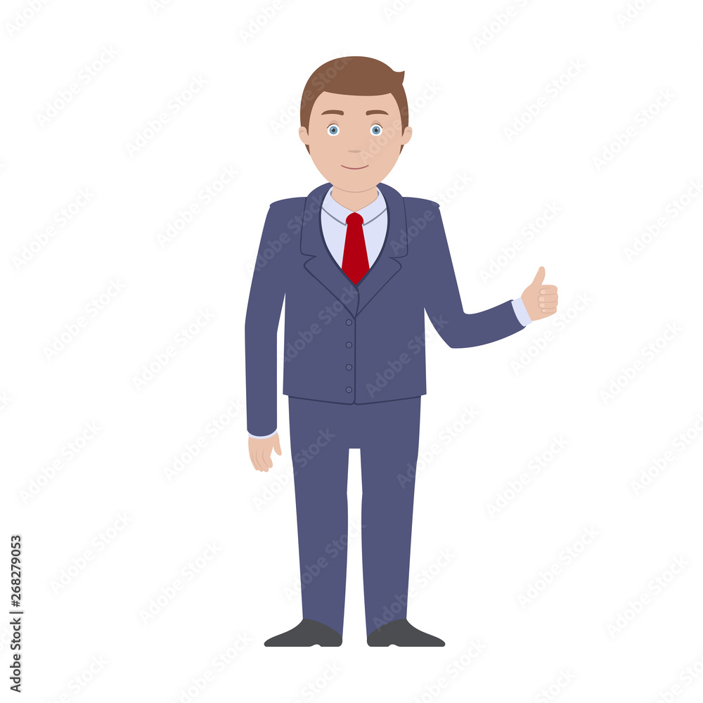 Smiling Caucasian man in blue suit standing and showing thumb up. Vector illustration.