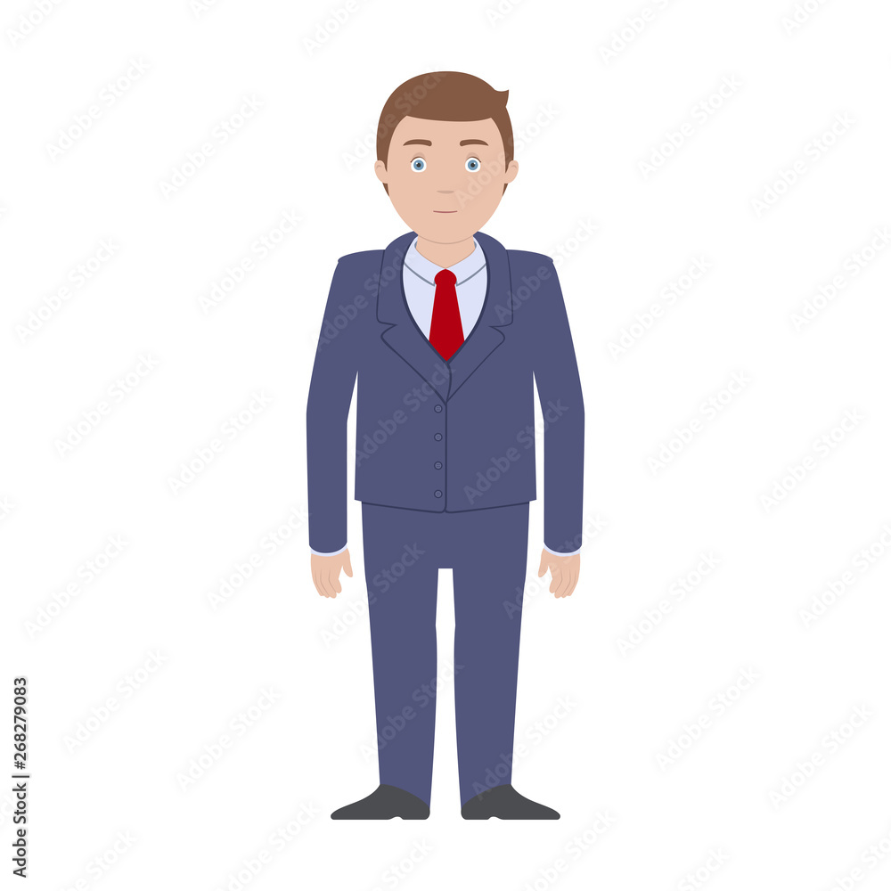 Caucasian man in blue suit standing. Cartoon character. Vector illustration.