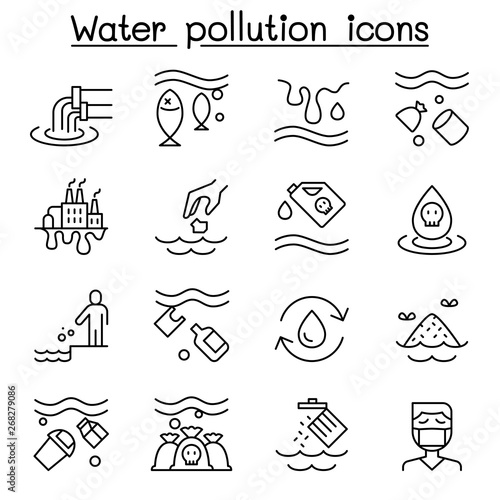 Water pollution, Ecology problem icon set in thin line style
