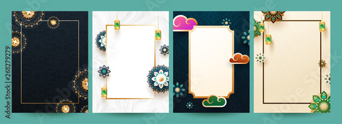 Set of different color template or flyer design decorated beautiful mandala flowers and blank frame given your message for Islamic festival concept.