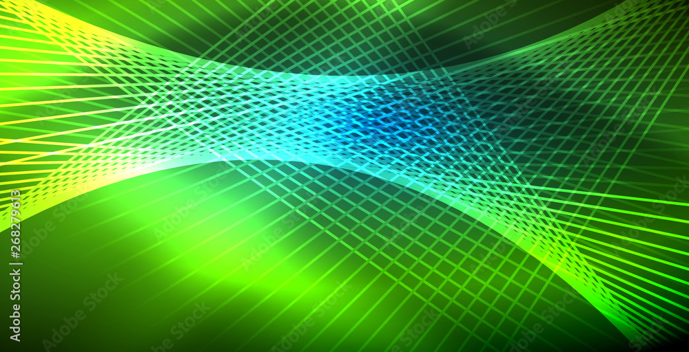 Fototapeta premium Neon glowing techno lines, blue hi-tech futuristic abstract background template with lights