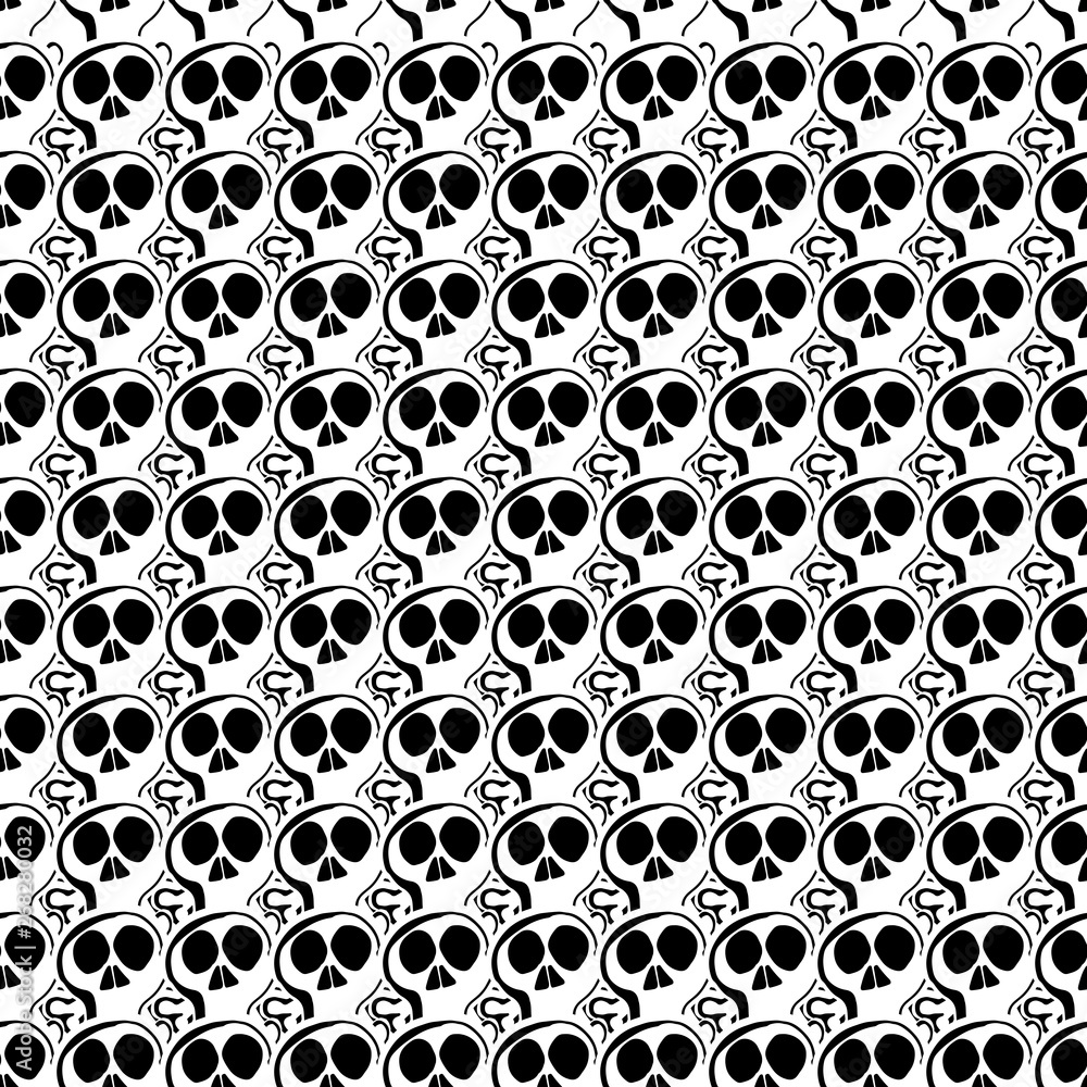 Fototapeta premium Modern seamless pattern with skulls, rock-music symbols, stars, lips, punk rock attributes.