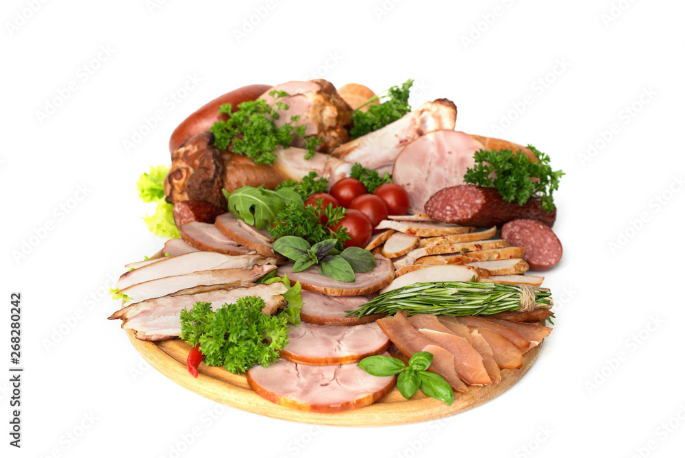 types of cut sausages of different types of size, stacked on top of each other, sausage products, isolate, on a white background