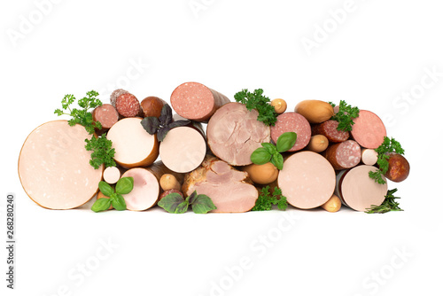 types of cut sausages of different types of size, stacked on top of each other, sausage products, isolate, on a white background