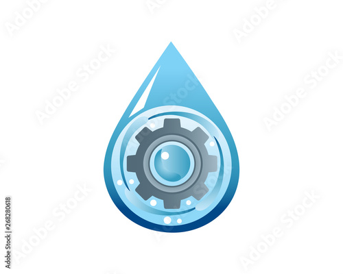 Blue Liquid Drop And Silver Gear Clog Logo In Isolated White Background