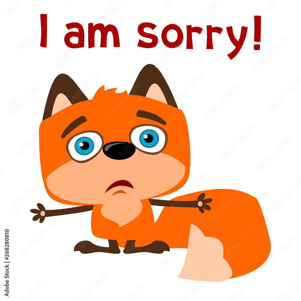 Fox cub in cartoon style apologizes I am sorry isolated on white