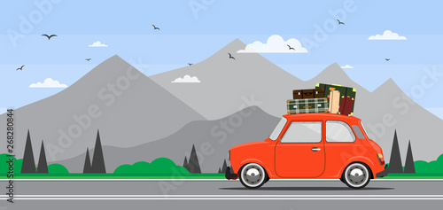 Travel by car. Road trip. Time to travel, tourism, summer holiday. Flat design vector illustration