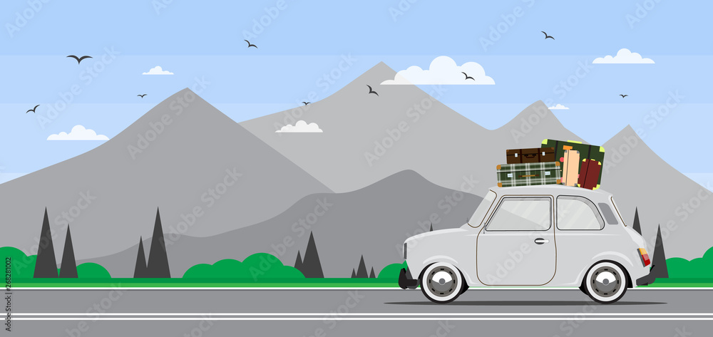 Travel by car. Road trip. Time to travel, tourism, summer holiday. Flat design vector illustration