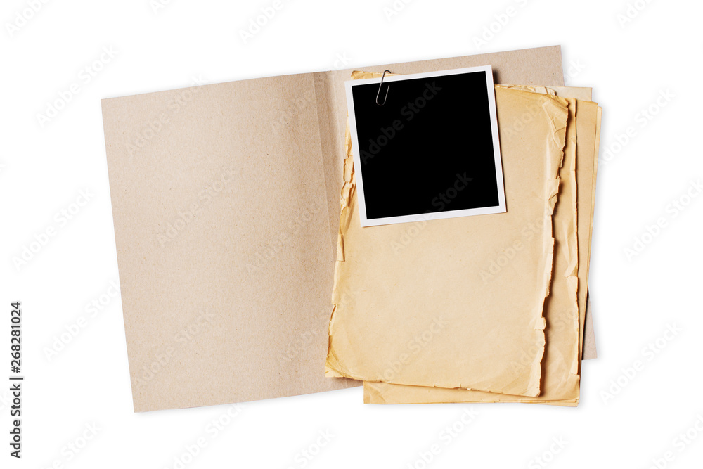 Folder with old yellowed paper and mockup for vintage photo