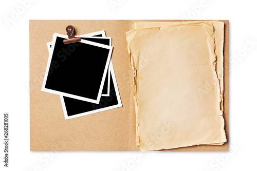 Folder with blank old yellowed paper and mockup for vintage photo