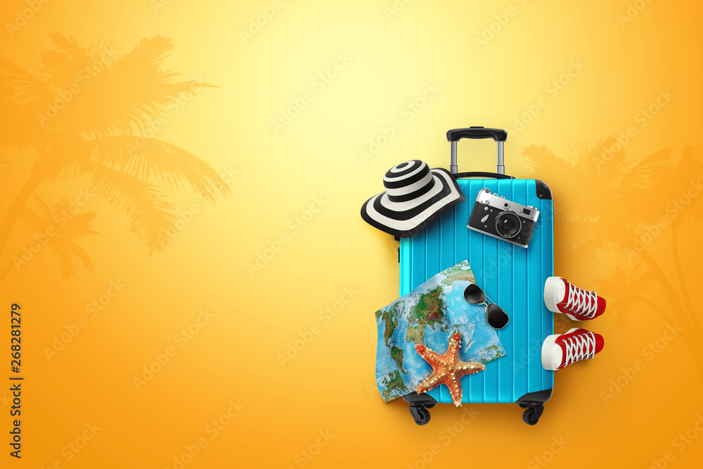 Creative background, blue suitcase, sneakers, map on a yellow background.  Concept of travel, tourism, vacation, vacation, dream. Copy space. 3D  illustration, 3D rendering Stock Photo | Adobe Stock