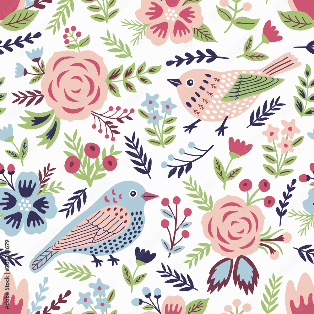 Bird and flowers seamless pattern. Vector illustration.