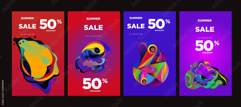Vector summer sale 50% discount with fluid colorful background. Summer banner, website, poster, and sales promotion background set