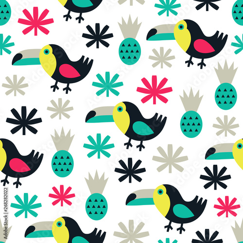 Toucan seamless pattern with pineapple. Vector illustration.
