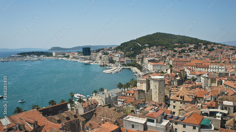 Aerial view of coast and roofs from the bell tower, beautiful cityscape, sunny day, Croatia Adriatic sea, Split, Croatia