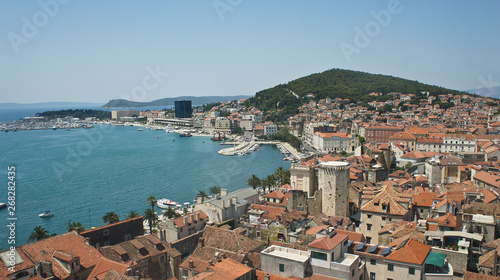 Aerial view of coast and roofs from the bell tower, beautiful cityscape, sunny day, Croatia Adriatic sea, Split, Croatia