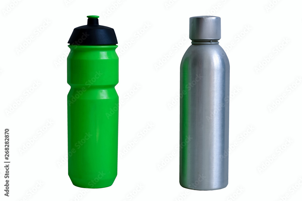 Plastic and aluminum bottle, as his zero waste alternative, for drink and water, to phase-out plastic, causing pollution of environmental impacts. Isolated Plastic and aluminum bottle, as his zero waste alternative, for drink and water, to phase-out plastic, causing pollution of environmental impacts. Isolated