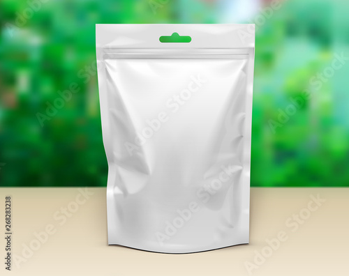 Mockup Pouch Sachet Stand Up Bag Food Flexible Snack Pack. Blank Mock Up Template On Table. Green Summer Garden Background. Ready For Your Design. Product Packaging. Vector EPS10