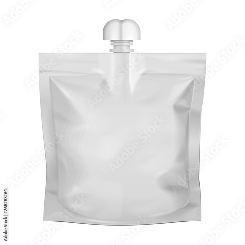 Mockup Pouch Sachet Bag With Spout Lid. Blank Food Stand Up Flexible. Mock Up, Template. Illustration Isolated On White Background. Ready For Your Design. Product Packaging. Vector EPS10