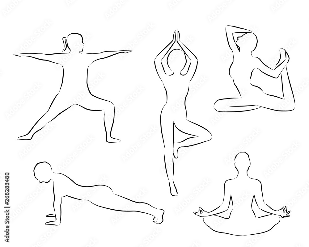 Women doing yoga excercises silhouettes outline Women doing yoga excercises silhouettes outline