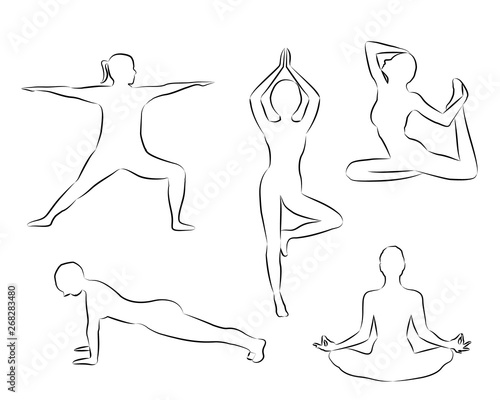 Women doing yoga excercises silhouettes outline