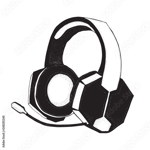 Headphones with microphone for music and video games isolated on white. Doodle style  illustration hand drawn  silhouette vector for typography, t-shirt, graphics