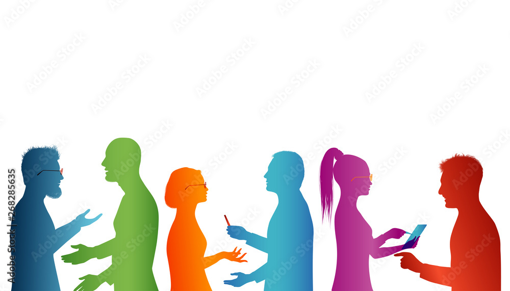 Obraz premium Strategy solution and success. Cooperation between groups of people. Concept teamwork. Speech among people. Young people who work well together. Association of people. Silhouette of colored profile