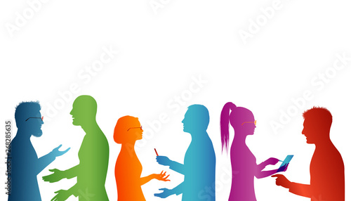 Strategy solution and success. Cooperation between groups of people. Concept teamwork. Speech among people. Young people who work well together. Association of people. Silhouette of colored profile