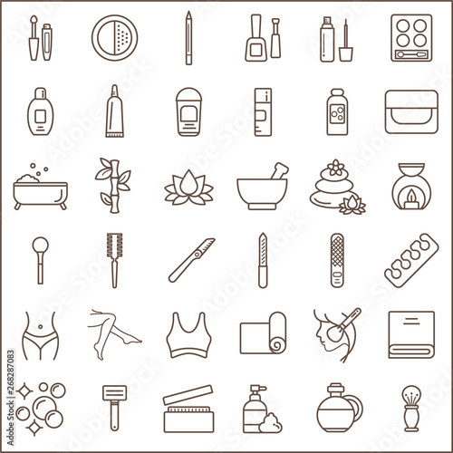 Set of beauty and spa Icons line style.  Contains such Icons as soap, massage, cleansing, make-up, nail care, yoga mat, flavored oil, hairbrush and more customize color, easy resize.
