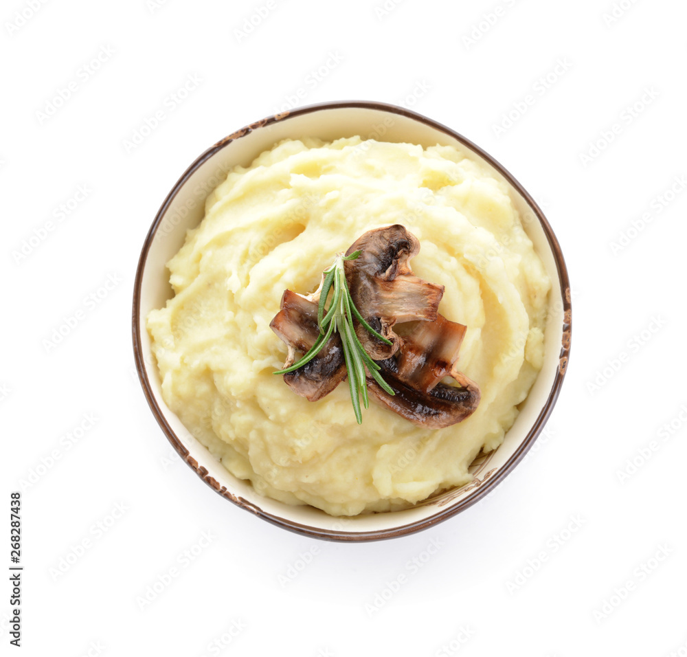 Bowl with tasty mashed potato on white background Bowl with tasty mashed potato on white background