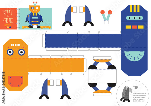 Cut and glue robot toy vector illustration, worksheet. Paper craft and diy riddle