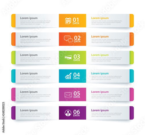 Infographics tab in horizontal paper index with 6 data template. Vector illustration abstract background. Can be used for workflow layout, business step, banner, web design.