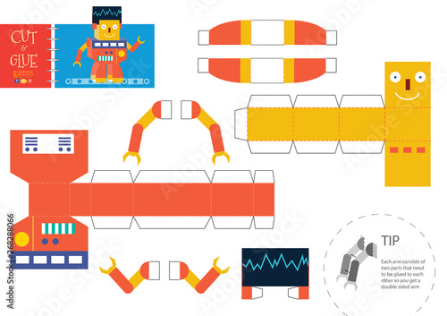 Cut and glue robot toy vector illustration, worksheet. Paper craft and small pieces riddle