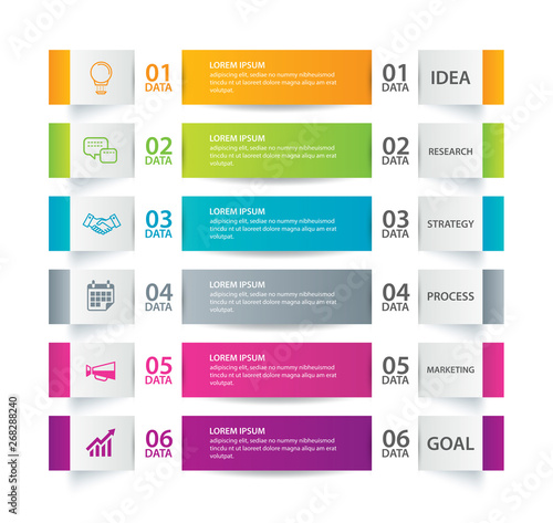 Infographics tab in horizontal paper index with 6 data template. Vector illustration abstract background. Can be used for workflow layout, business step, banner, web design.