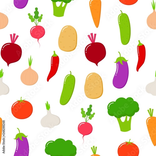 Organic food seamless pattern.Vector fruit and vegetables on a white background.