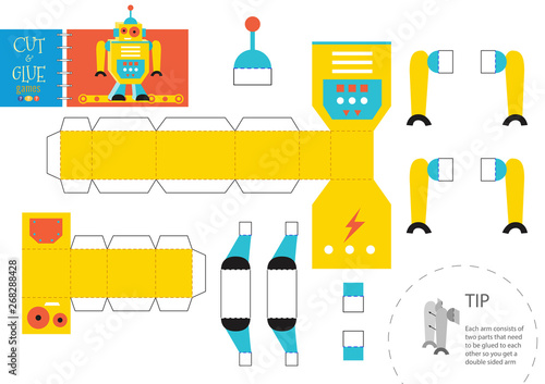 Cut and glue robot toy vector illustration. Paper craft and diy riddle