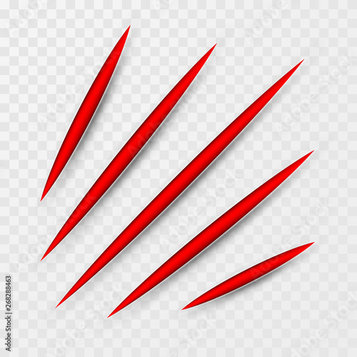 Red scratch set. Claws scratching animal scrape track. Vector illustration