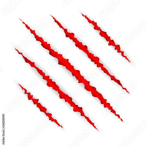 Red scratch set. Claws scratching animal scrape track. Vector illustration