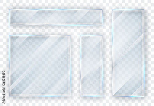 Glass plates set. Glass banners on transparent background. Flat glass. Vector illustration