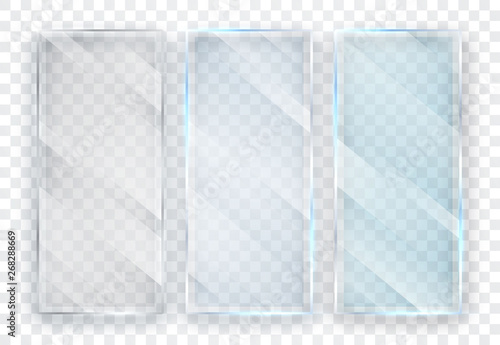 Glass plates set. Glass banners on transparent background. Flat glass. Vector illustration