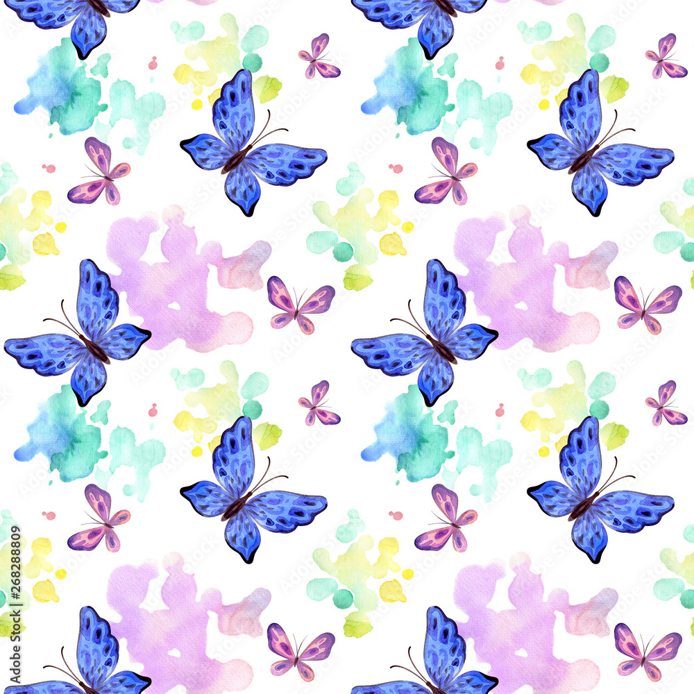 Childhood seamless pattern with cute butterflies. Hand painted watercolor illustrations isolated on a white background. Childhood seamless pattern with cute butterflies. Hand painted watercolor illustrations isolated on a white background.