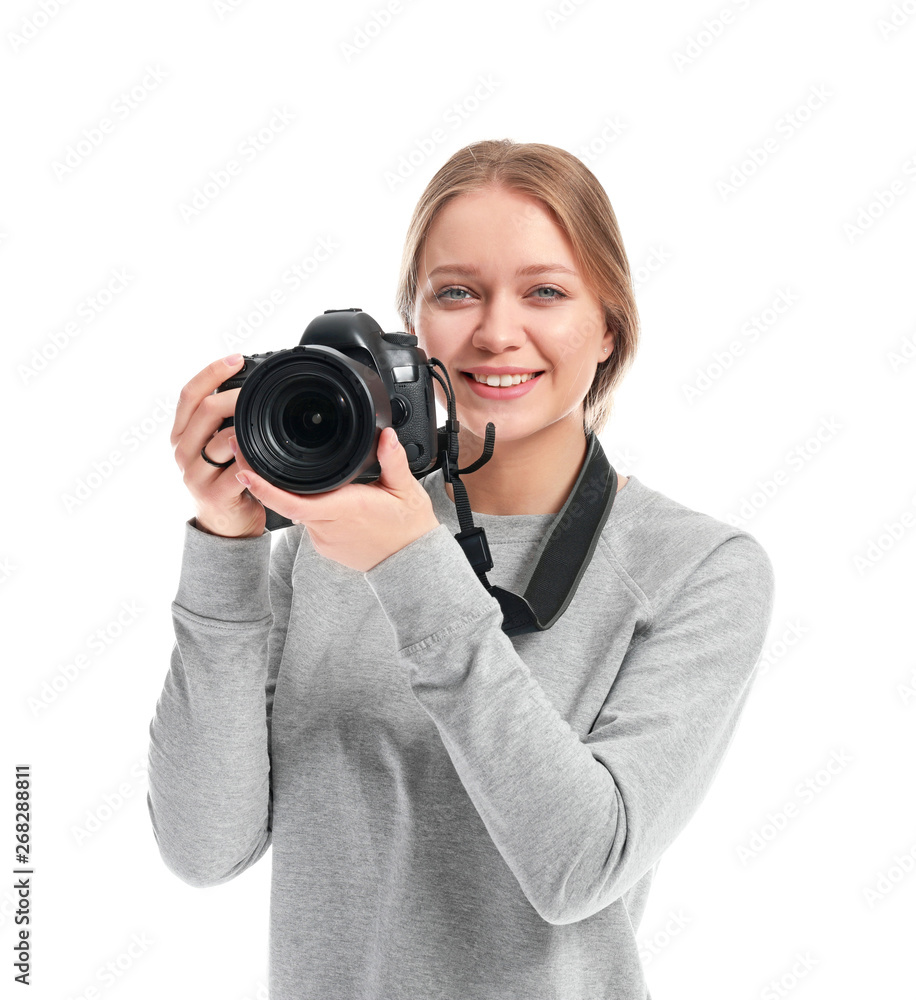 Young female photographer on white background Young female photographer on white background